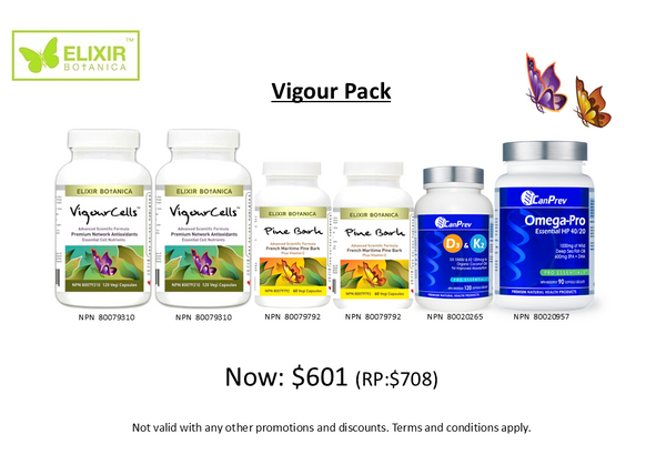 Vigour Pack (VigourCells™ x 2, French Maritime Pine Bark x 2, Omega-Pro x 1, D3+K2 x 1) Retail Price @ $708