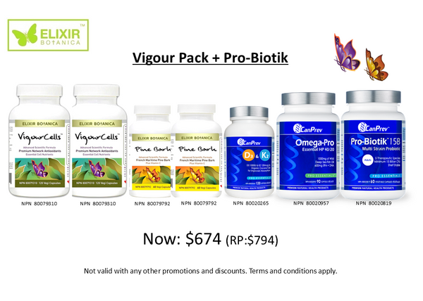 Vigour + Pro-Biotik 15B (VigourCells™ x 2, Pine barks x 2, Pro-Biotik x 1, Omega-Pro x1, D3+K2 x 1) Retail Price @ $794