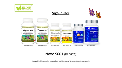 Vigour Pack (VigourCells™ x 2, French Maritime Pine Bark x 2, Omega-Pro x 1, D3+K2 x 1) Retail Price @ $726